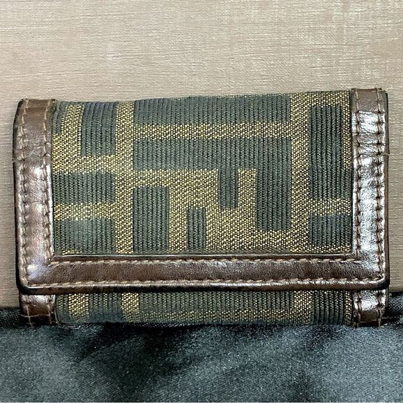 FENDI Zucca Tan Navy Canvas and Brown Leather Trim Snap Close Trifold Key Case - Picture 1 of 17